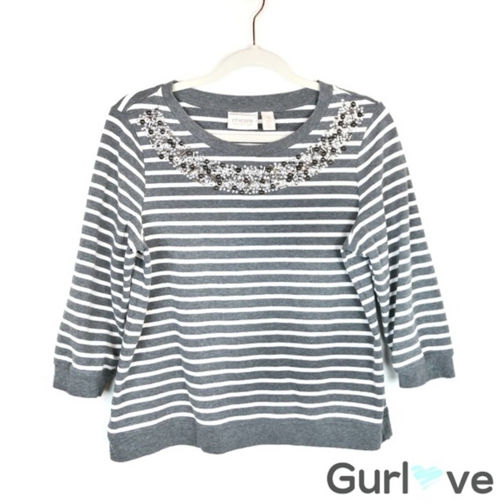 Chico's M Sweater Stripes Embellish Neck